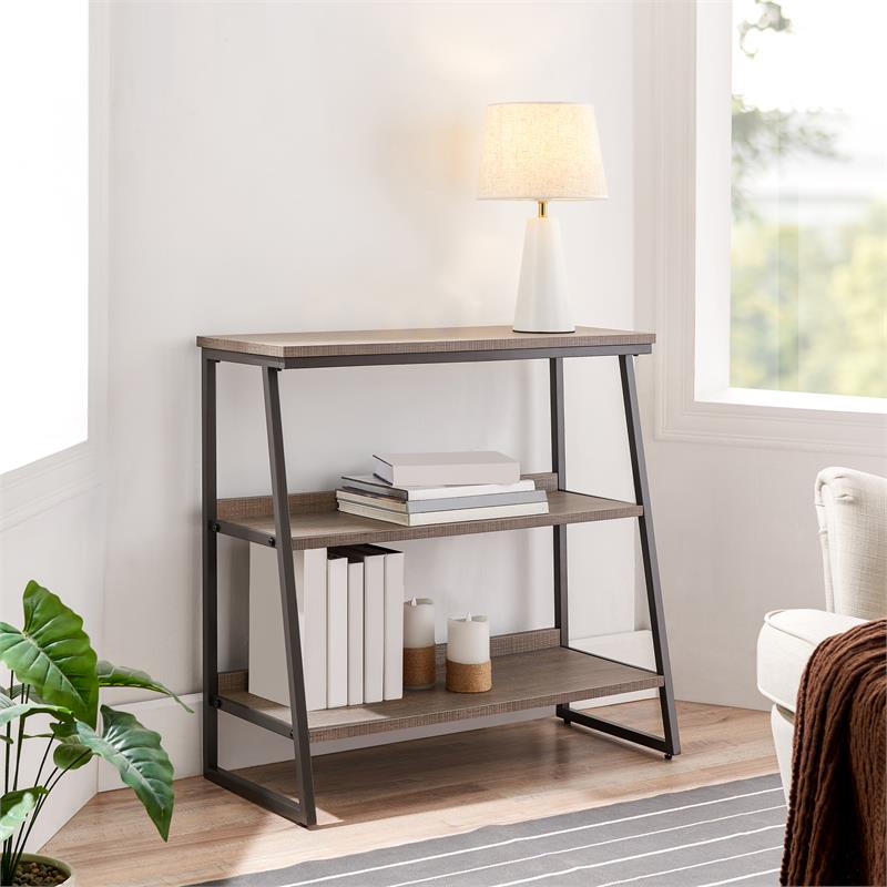 Bowery Hill Stepped Tier Bookshelf with 3 Shelves in Roughsawn Oak/Gunmetal Gray
