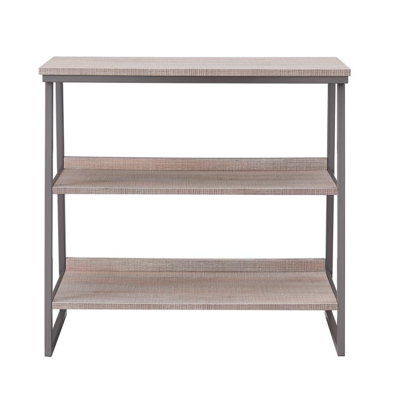Bowery Hill Stepped Tier Bookshelf with 3 Shelves in Roughsawn Oak/Gunmetal Gray