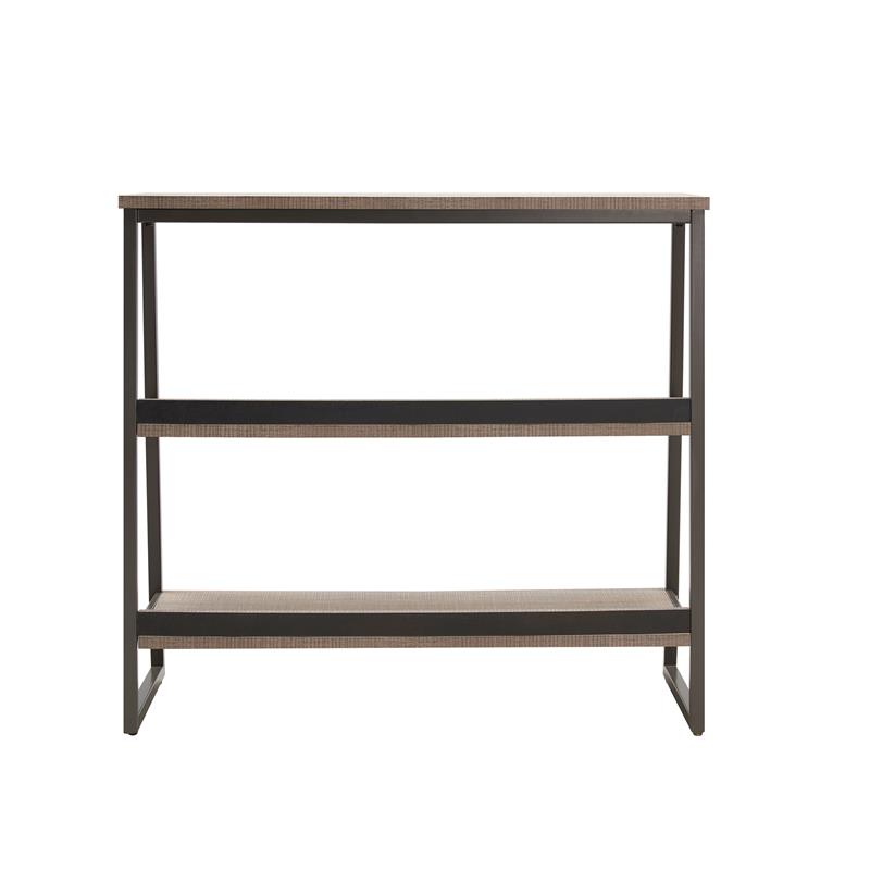 Bowery Hill Stepped Tier Bookshelf with 3 Shelves in Roughsawn Oak/Gunmetal Gray