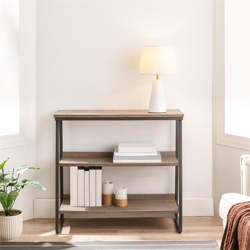 Bowery Hill Stepped Tier Bookshelf with 3 Shelves in Roughsawn Oak/Gunmetal Gray