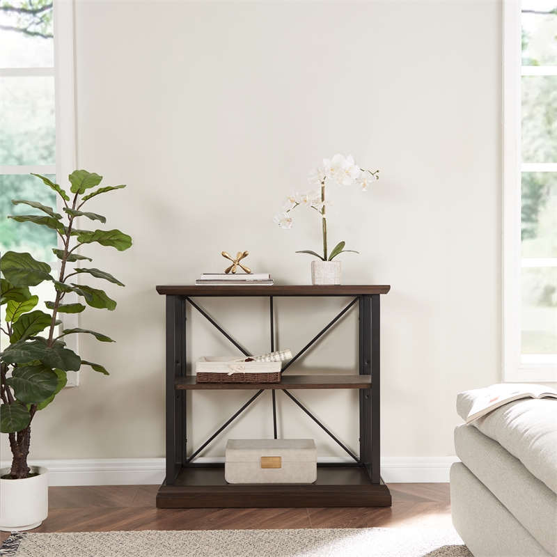 Bowery Hill Mixed Metal & Wood Bookshelf with 3 Shelves - Dark Earth/Matte Black