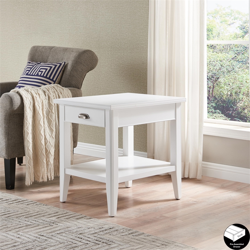Bowery Hill Solid Wood End Table with Drawer and Display Shelf in White