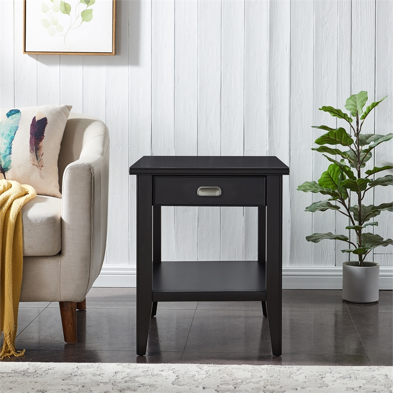 Bowery Hill Solid Wood End Table with Drawer and Display Shelf in Black