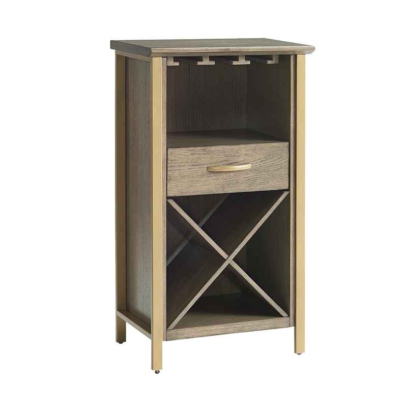 Bowery Hill Contemporary Solid Wood Mini Bar Cabinet in Dune/Gold