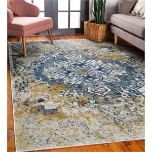 Bowery Hill Vintage Faded Turkish Medallion Area Rug 6'7&quot x 9'6&quot in Ivory/Navy