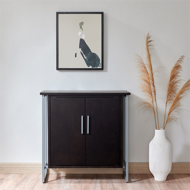 Bowery Hill Wood Foyer Cabinet with Adjustable Shelf in Black/Satin Nickel