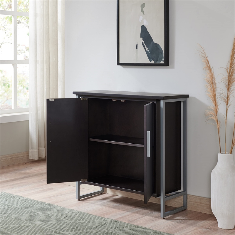 Bowery Hill Wood Foyer Cabinet with Adjustable Shelf in Black/Satin Nickel