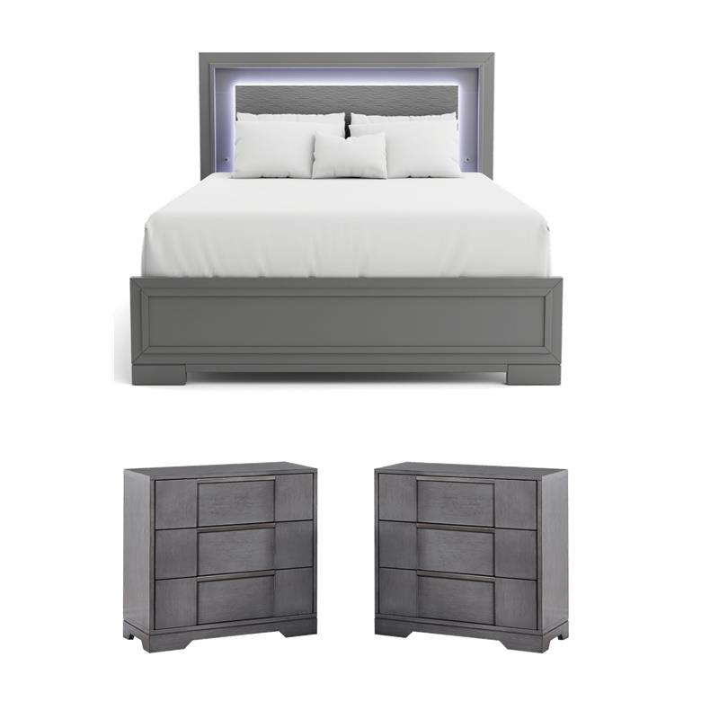 Bowery Hill Bedroom Set of California King Bed & 2 Nightstands in Gray