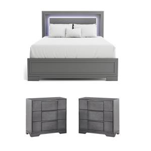 Bowery Hill Bedroom Set of California King Bed & 2 Nightstands in Gray