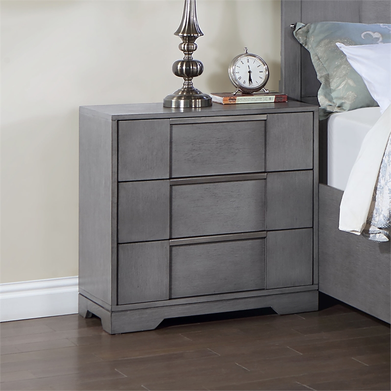 Bowery Hill Queen Bed and 2 Nightstands Set in Gray Solid Wood