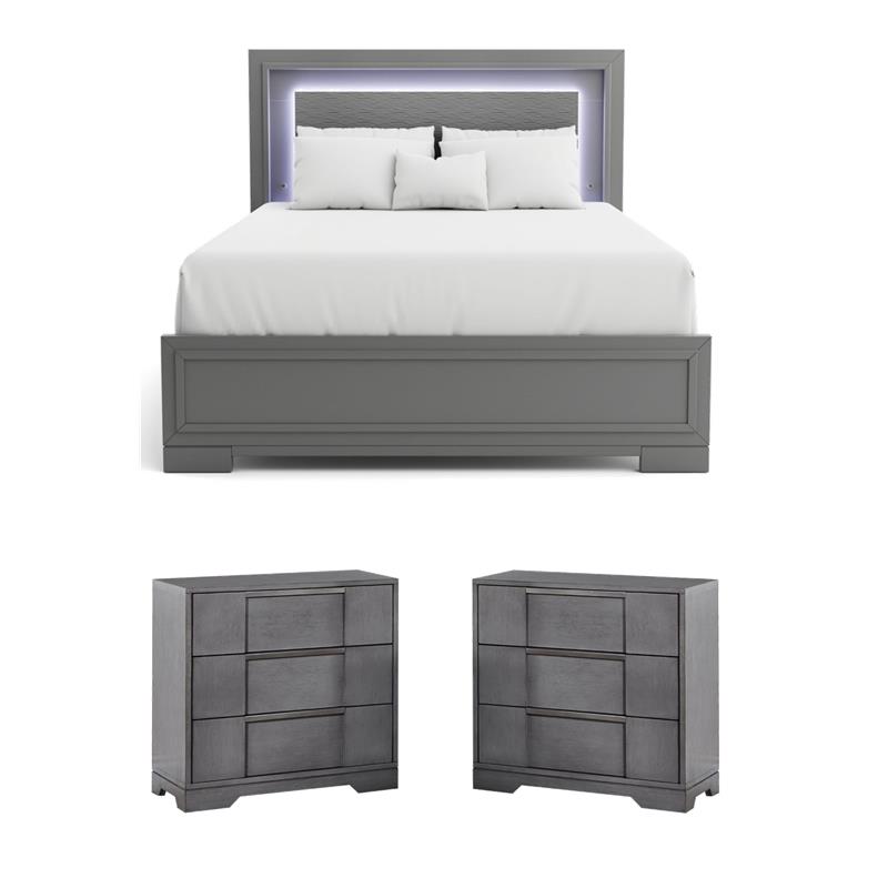 Bowery Hill Queen Bed and 2 Nightstands Set in Gray Solid Wood