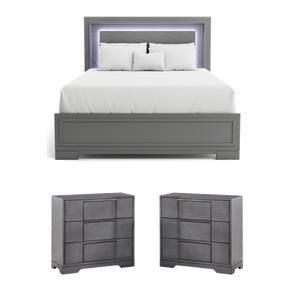 Bowery Hill Queen Bed and 2 Nightstands Set in Gray Solid Wood