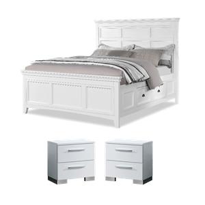 Bowery Hill Bedroom Set with King Bed and 2 Nightstands in Glossy White
