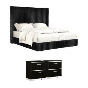 Bowery Hill 3-Piece Bedroom Set of 2 Nightstands and Upholstered King Bed