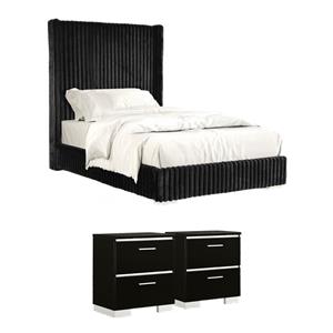Bowery Hill Bedroom Set of 2 Nightstands and Full Bed in Black