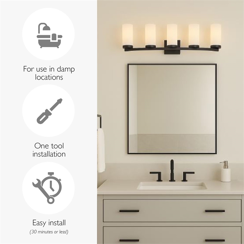 Bowery Hill 5-Light Transitional Glass Vanity Bar in Matte Black