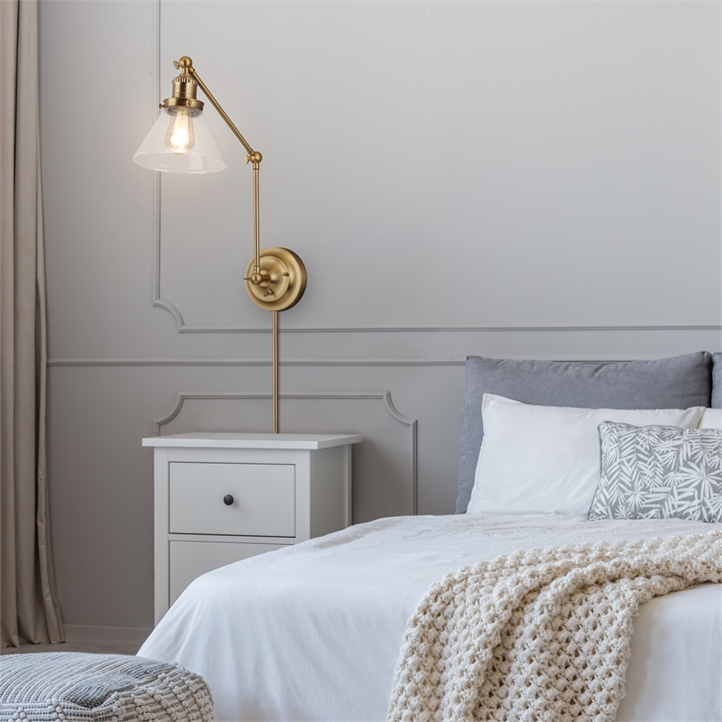 Bowery Hill Swing Arm Wall Mount 1-Light Metal Sconce in Satin Gold