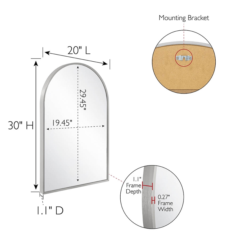 Bowery Hill 30 x 20 Inch Glass Arched Wall Mirror with Silver Frame