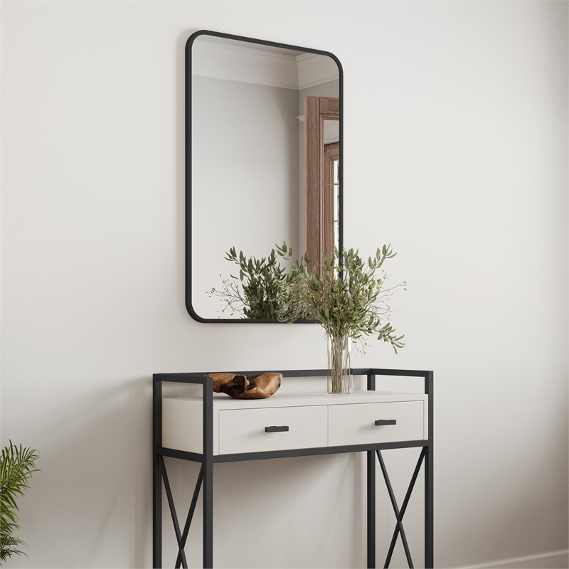 Bowery Hill Rounded Glass Corner Wall Mirror with Black Frame 30 x 20 in