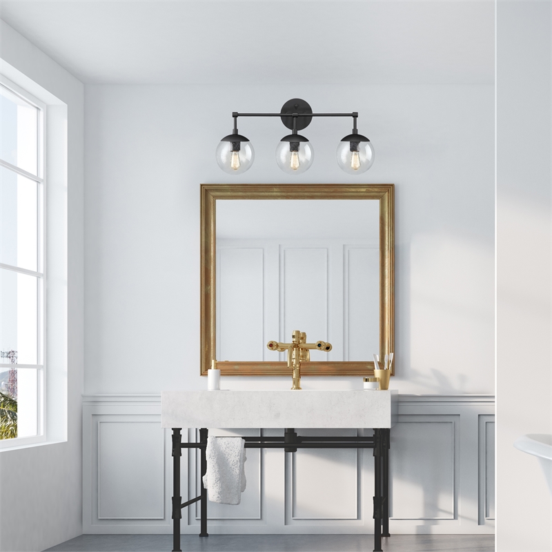 Bowery Hill Vanity Light with Clear Seedy Glass in Matte Black 3-Light