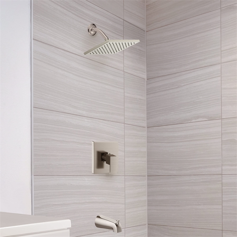 Bowery Hill Modern Brass Shower Head and Trim Kit in Satin Nickel