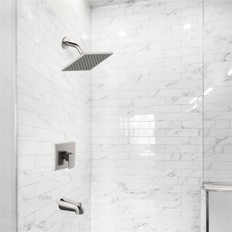 Bowery Hill Modern Brass Shower Head and Trim Kit in Satin Nickel