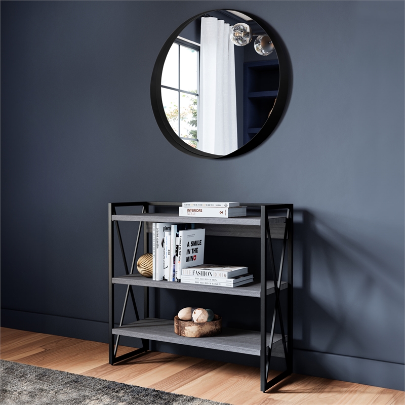 Bowery Hill Round Wall Mirror with Black Metal Iron Frame 36-Inch