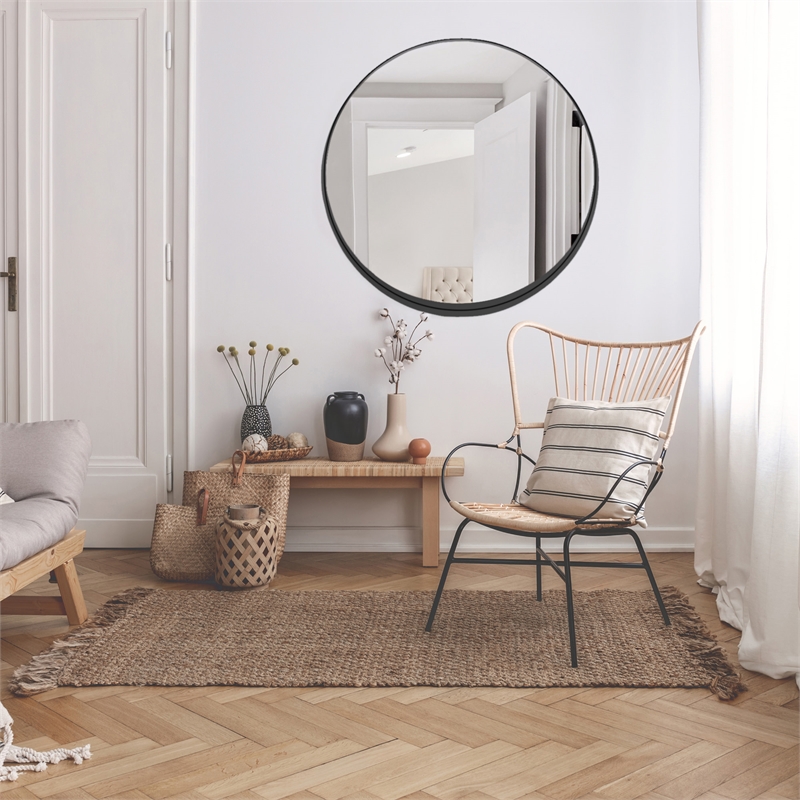 Bowery Hill Round Wall Mirror with Black Metal Iron Frame 36-Inch