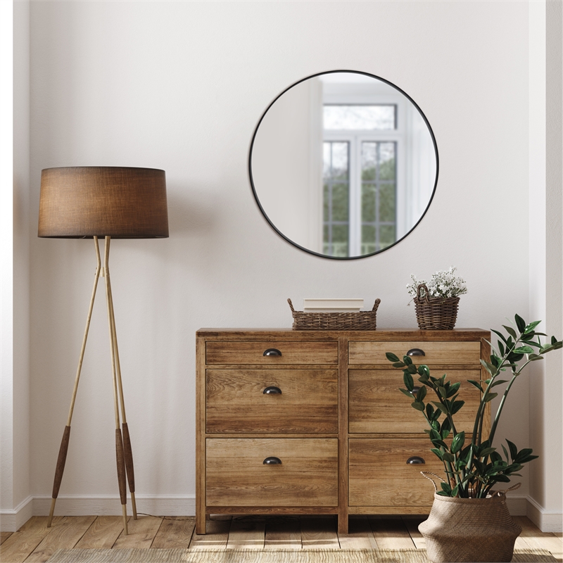 Bowery Hill 28-Inch Round Decorative Wall Mirror with Black Frame