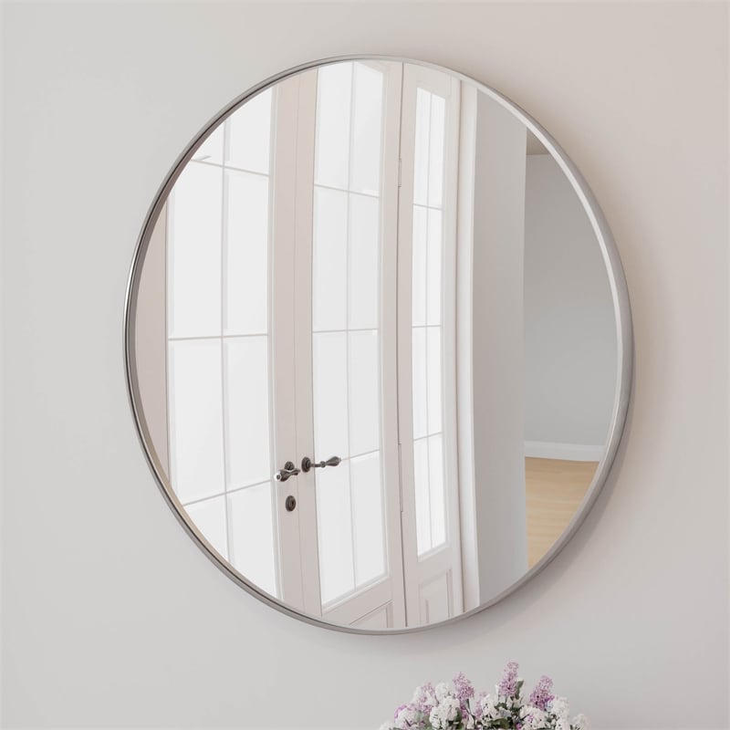 Bowery Hill 36-Inch Round Glass Wall Mirror with Silver Frame