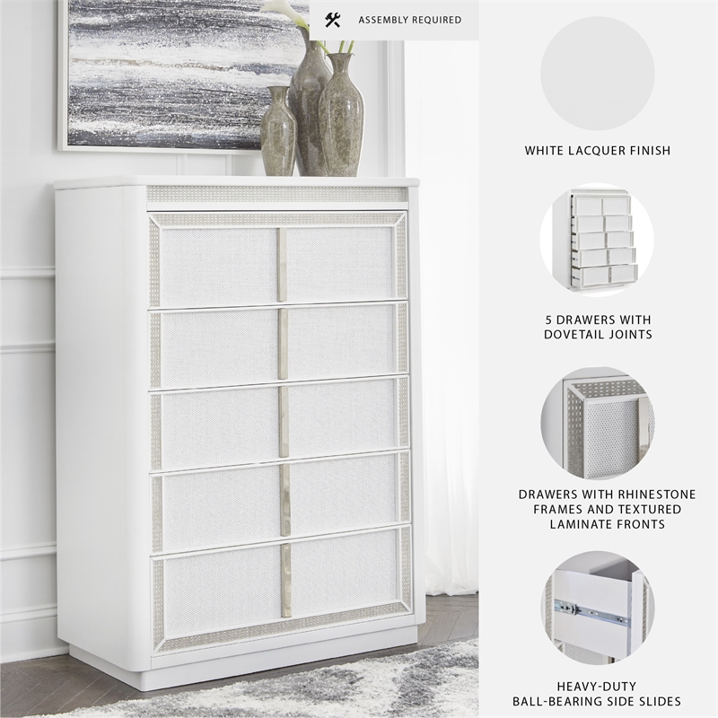 Bowery Hill White Chest of Drawers with LED Lighting and Rhinestones