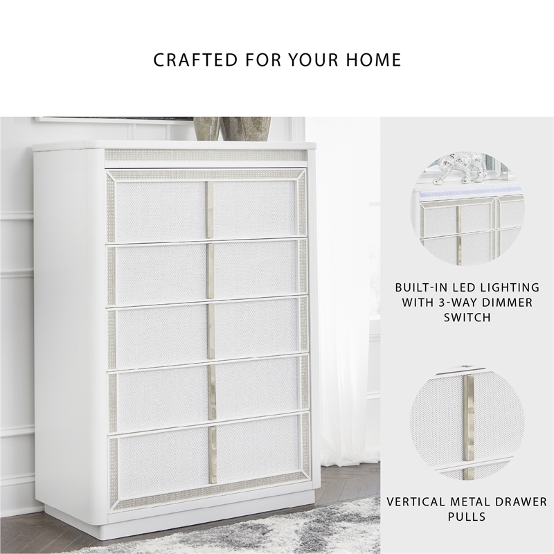 Bowery Hill White Chest of Drawers with LED Lighting and Rhinestones