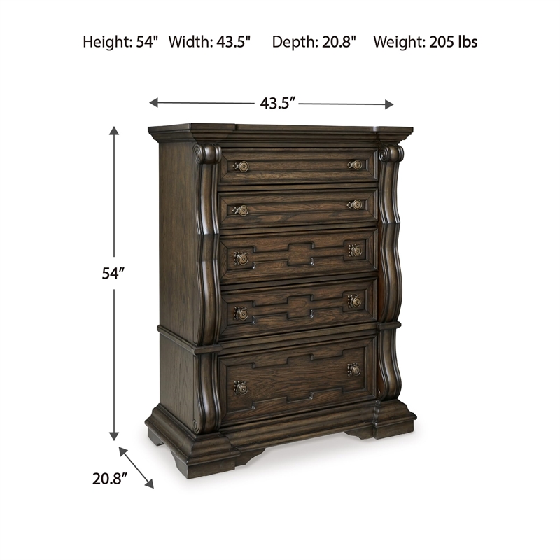 Bowery Hill Dark Brown Chest of Drawers with Ornamental Appliques