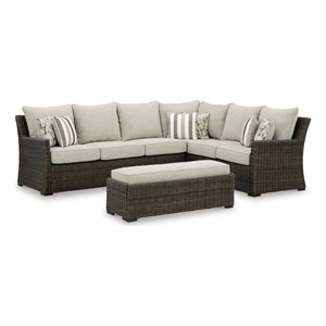 Bowery Hill Brown Resin Wicker 3-Piece Outdoor Sectional with Bench