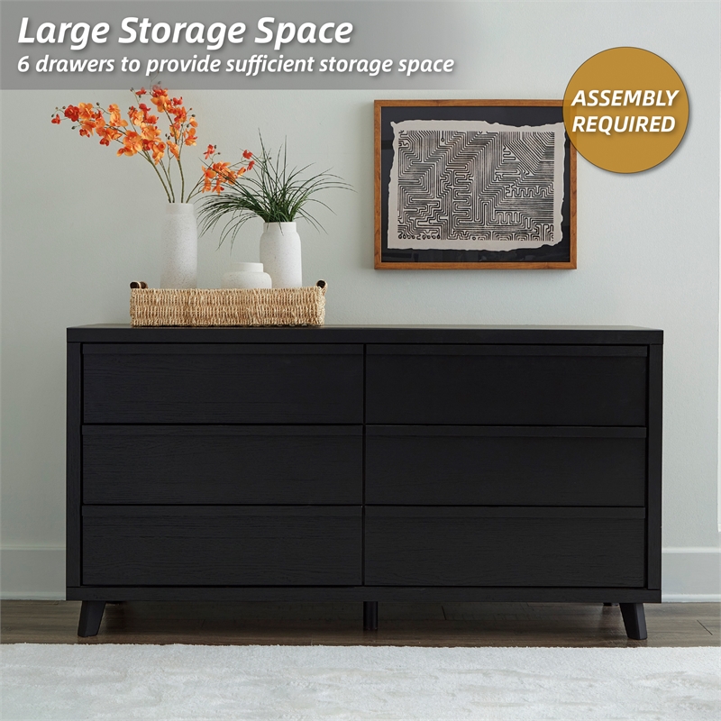 Bowery Hill Black Dresser with 6 Slatted Drawers and Framed Front