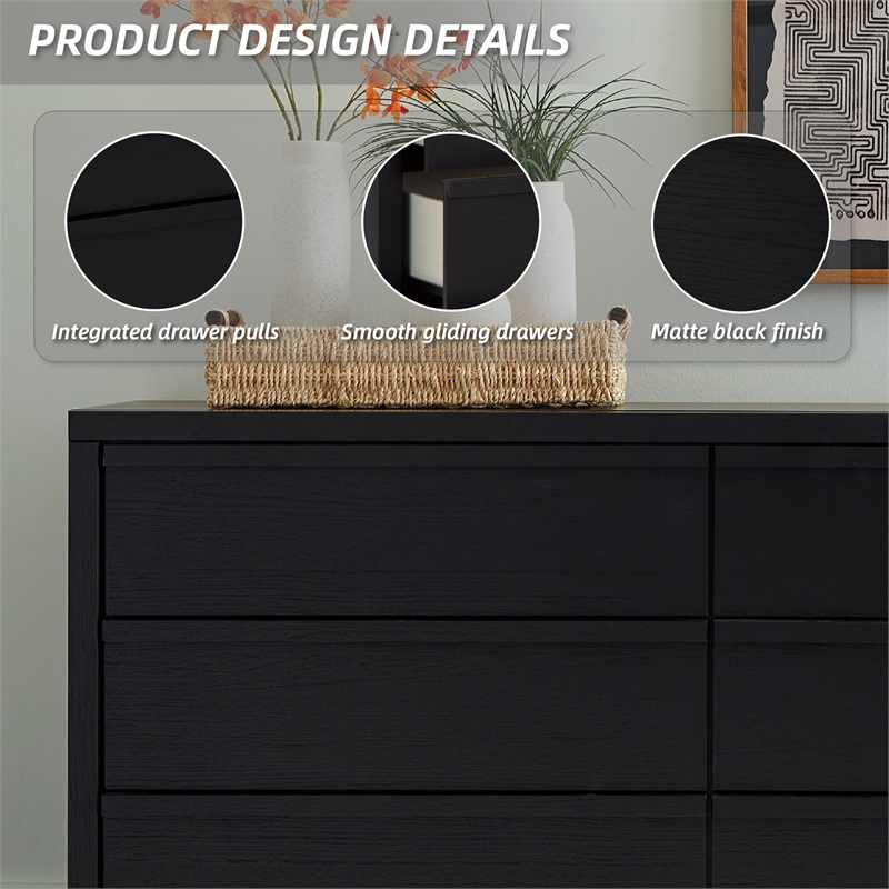 Bowery Hill Black Dresser with 6 Slatted Drawers and Framed Front