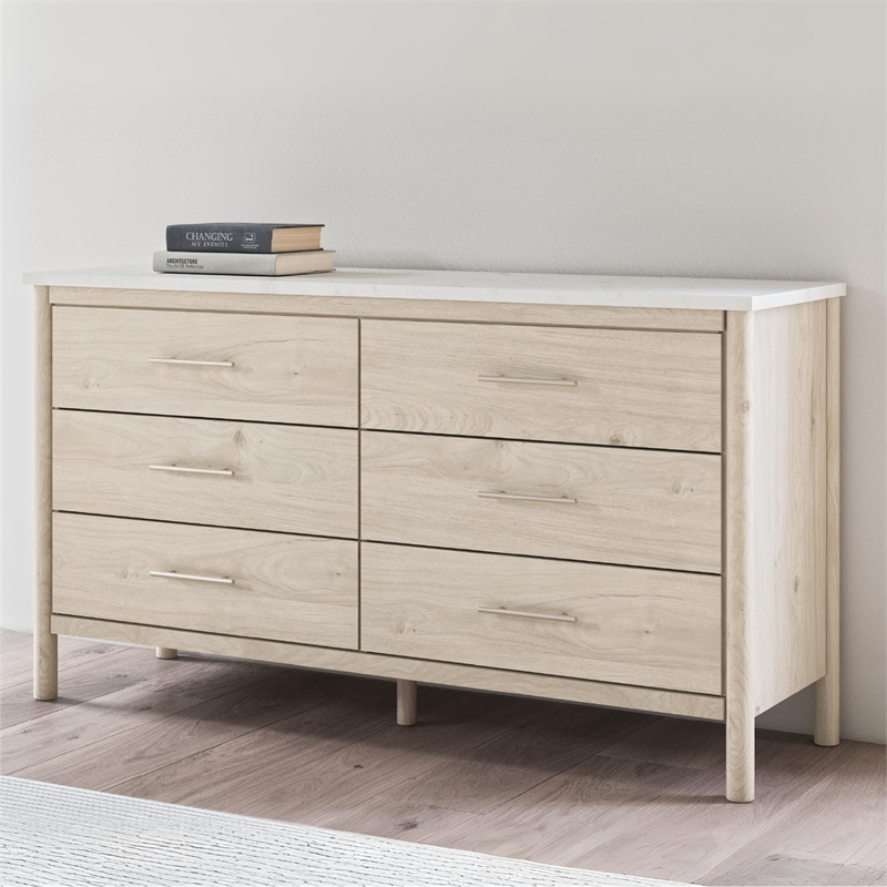 Bowery Hill Brown & White 6-Drawer Dresser with Replicated Marble Top