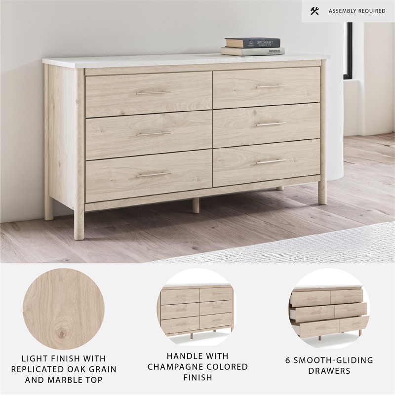Bowery Hill Brown & White 6-Drawer Dresser with Replicated Marble Top