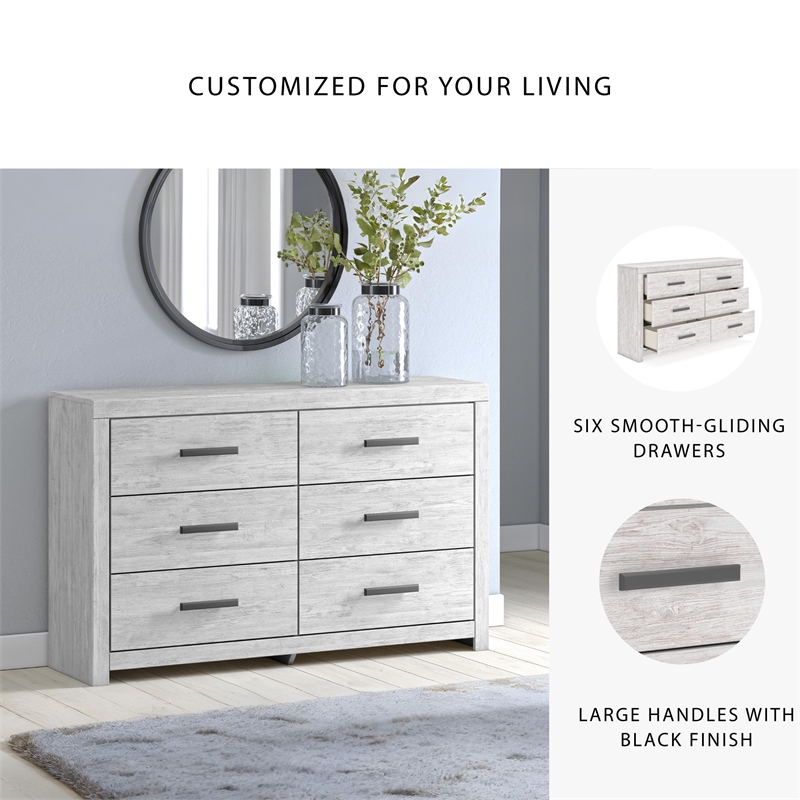 Bowery Hill Whitewash Dresser with 6 Drawers and Black Handles