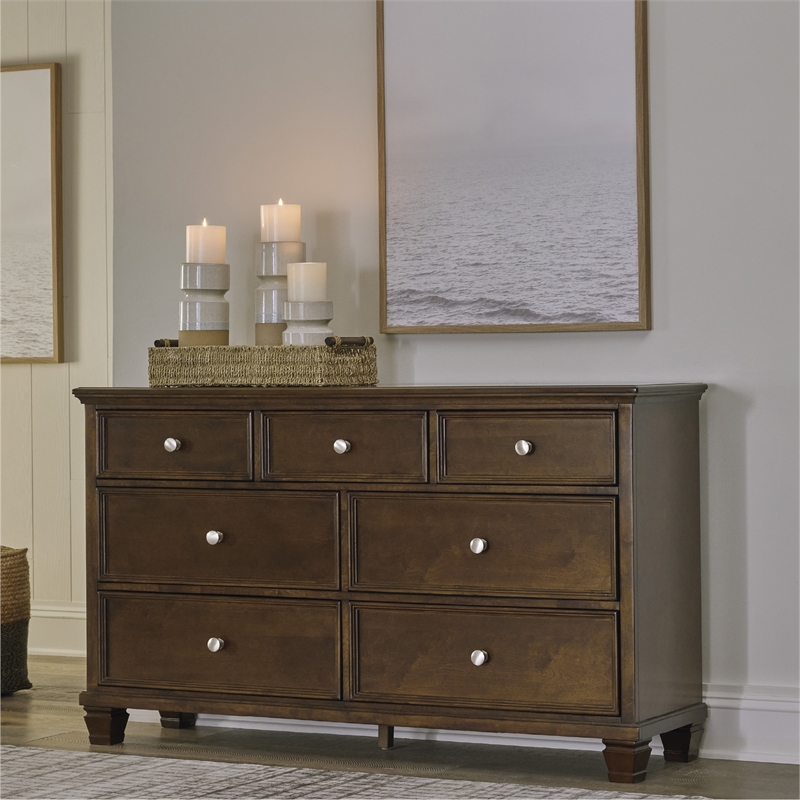 Bowery Hill Solid Wood 7-Drawer Bedroom Dresser in Brownish Cherry