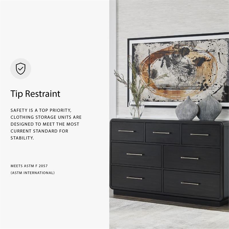 Bowery Hill Black Dresser with 7 Drawers and Curved Waterfall Edges