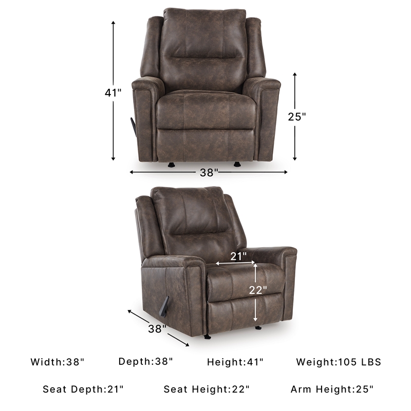 Bowery Hill Brown Faux Leather Rocker Recliner with Pull Tab Recline
