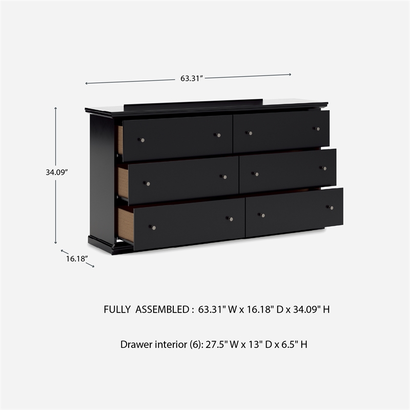 Bowery Hill 6-Drawer Double Dresser with Scalloped Moulding in Black