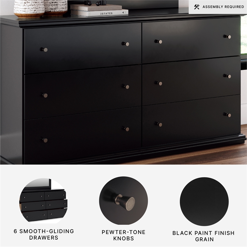 Bowery Hill 6-Drawer Double Dresser with Scalloped Moulding in Black