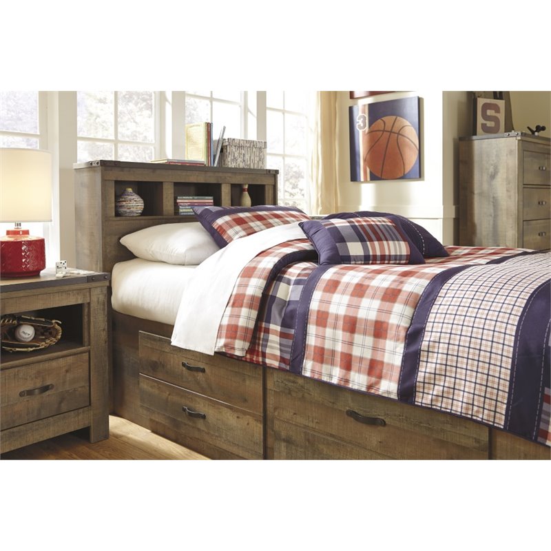 Bowery Hill Twin Bed with Underbed Storage and Bookcase Headboard in Brown