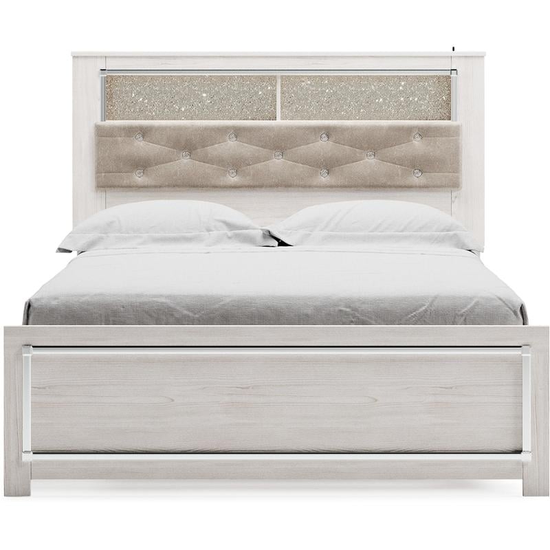 Bowery Hill Queen Upholstered Bookcase Headboard in White/Light Gray