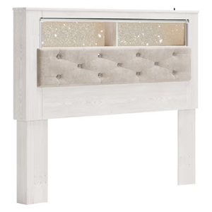 Bowery Hill Queen Upholstered Bookcase Headboard in White/Light Gray