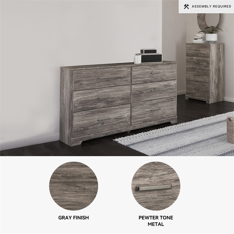 Bowery Hill 6-Drawer Farmhouse Dresser with Pewter Handles in Gray