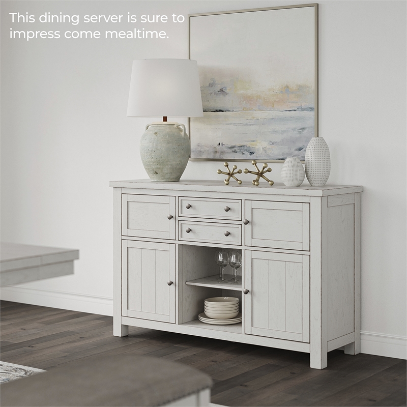 Bowery Hill Antique White Dining Server with 4 Cabinets and 2 Drawers