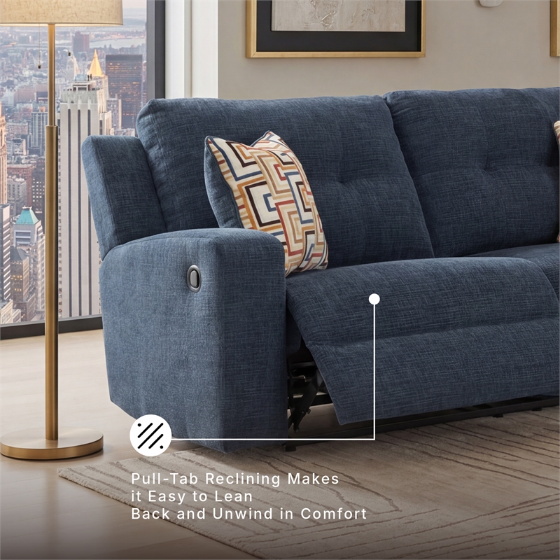 Bowery Hill Blue Reclining Sofa with Tufted Back and Pull Tab